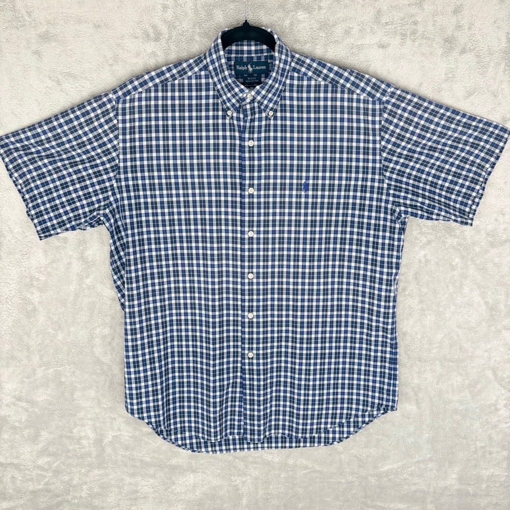 Ralph Lauren Blake Shirt M Short Sleeve Blue White Pony Check Button Down Men - Picture 2 of 11
